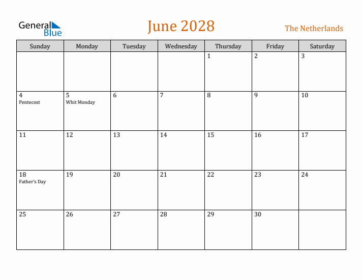 June 2028 Holiday Calendar with Sunday Start