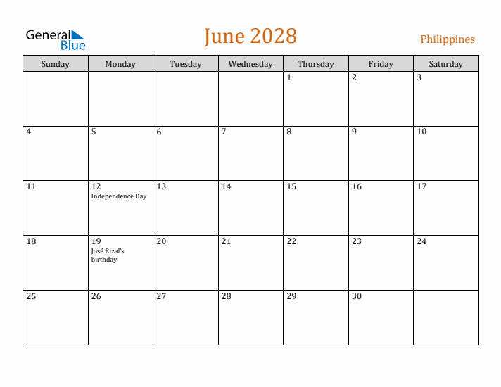 June 2028 Holiday Calendar with Sunday Start