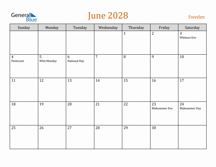 June 2028 Holiday Calendar with Sunday Start