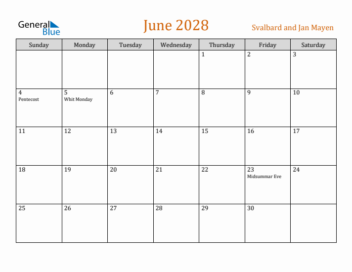 June 2028 Holiday Calendar with Sunday Start