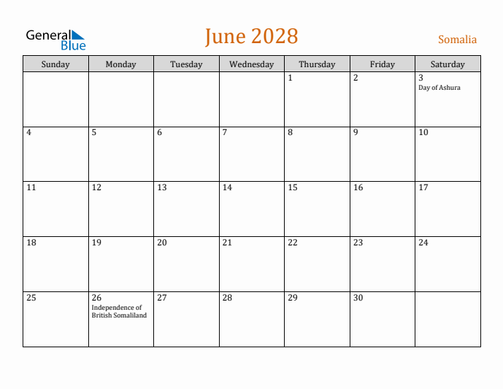 June 2028 Holiday Calendar with Sunday Start