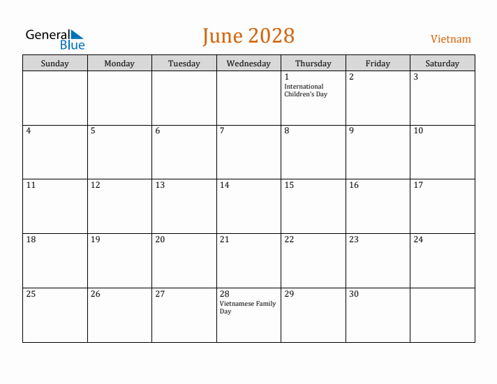 June 2028 Holiday Calendar with Sunday Start