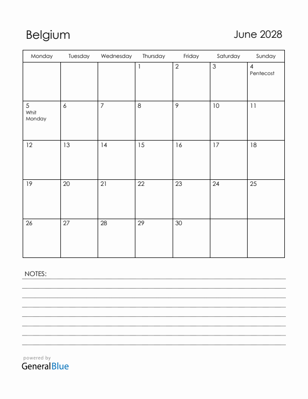 June 2028 Belgium Calendar with Holidays (Monday Start)