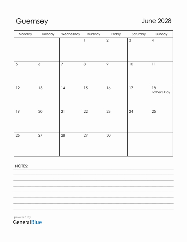 June 2028 Guernsey Calendar with Holidays (Monday Start)