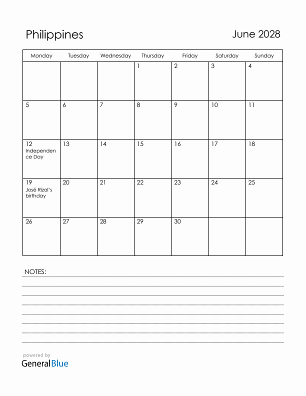 June 2028 Philippines Calendar with Holidays (Monday Start)