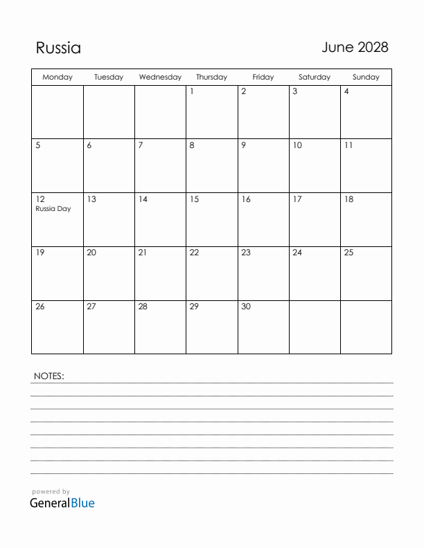 June 2028 Russia Calendar with Holidays (Monday Start)