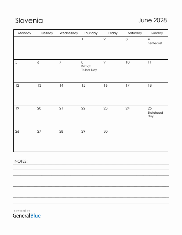 June 2028 Slovenia Calendar with Holidays (Monday Start)