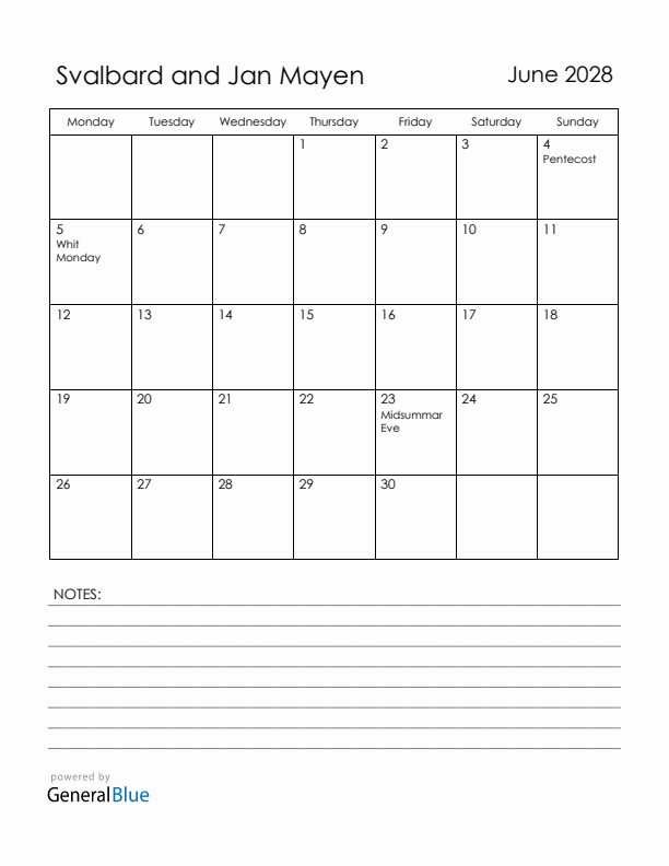 June 2028 Svalbard and Jan Mayen Calendar with Holidays (Monday Start)