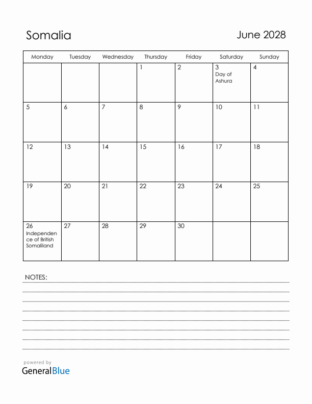 June 2028 Somalia Calendar with Holidays (Monday Start)