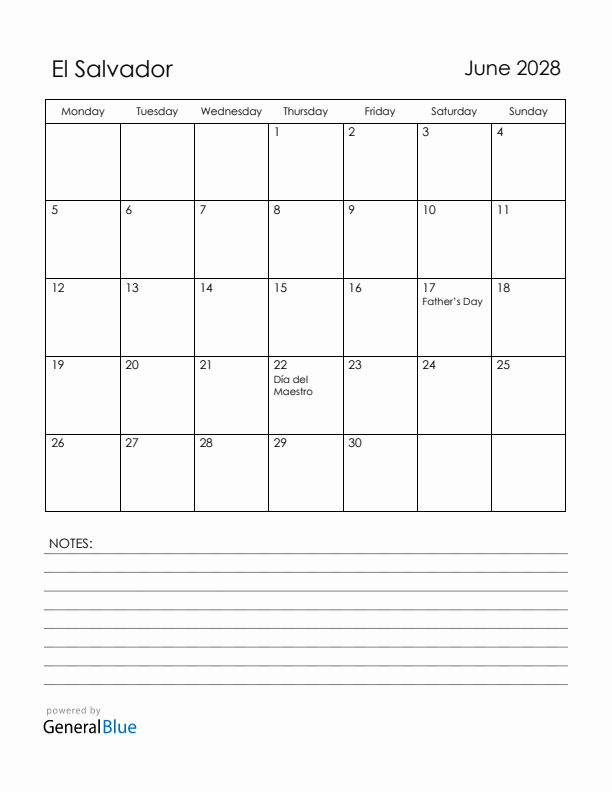 June 2028 El Salvador Calendar with Holidays (Monday Start)