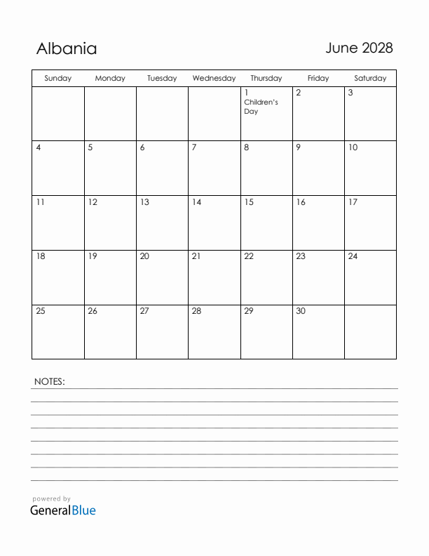 June 2028 Albania Calendar with Holidays (Sunday Start)