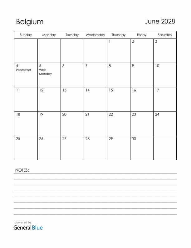 June 2028 Belgium Calendar with Holidays (Sunday Start)