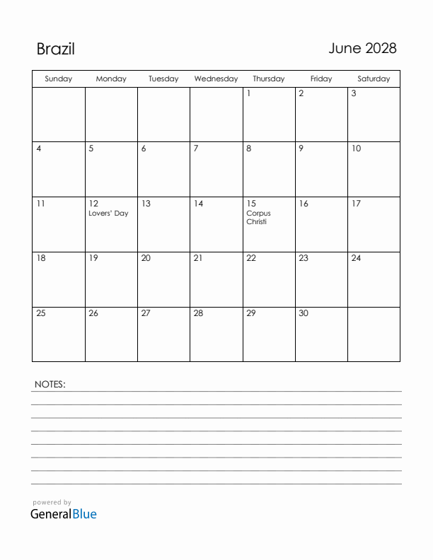 June 2028 Brazil Calendar with Holidays (Sunday Start)