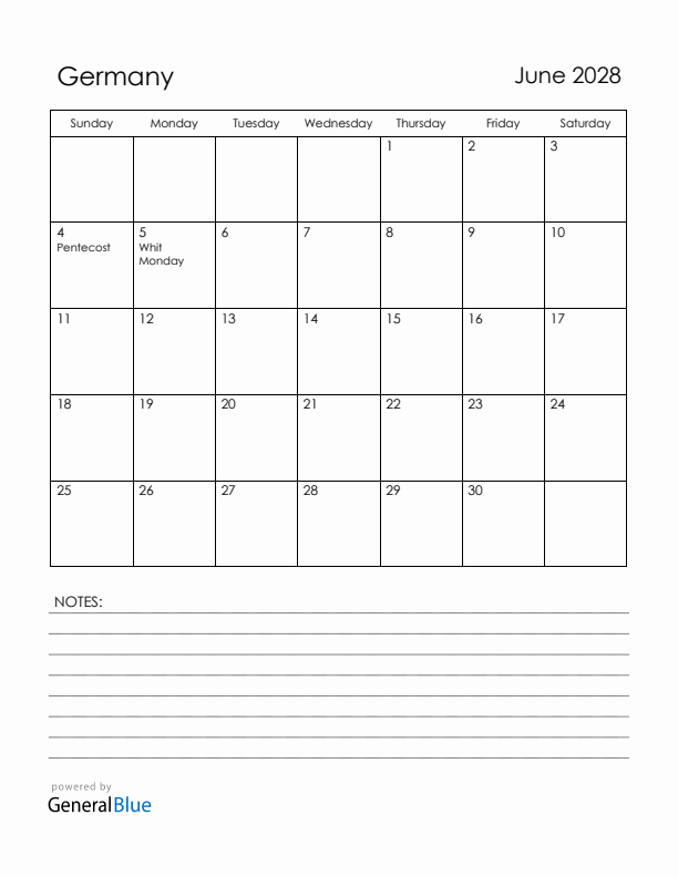 June 2028 Germany Calendar with Holidays (Sunday Start)