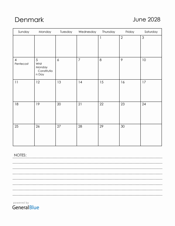 June 2028 Denmark Calendar with Holidays (Sunday Start)
