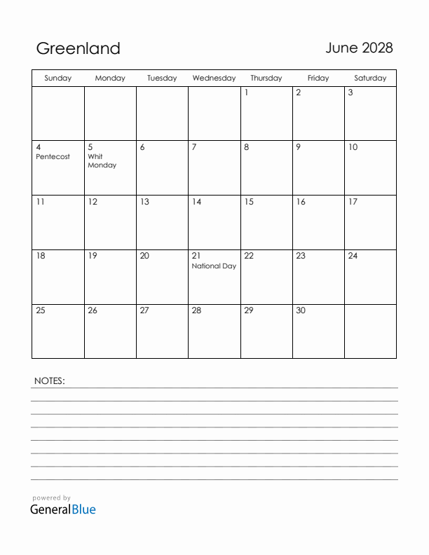 June 2028 Greenland Calendar with Holidays (Sunday Start)