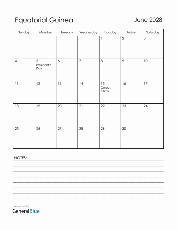 June 2028 Equatorial Guinea Calendar with Holidays (Sunday Start)