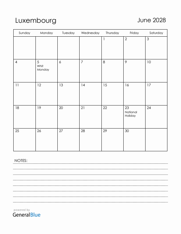 June 2028 Luxembourg Calendar with Holidays (Sunday Start)