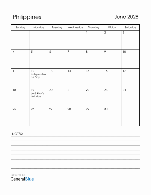 June 2028 Philippines Calendar with Holidays (Sunday Start)