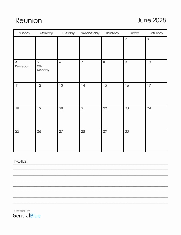 June 2028 Reunion Calendar with Holidays (Sunday Start)