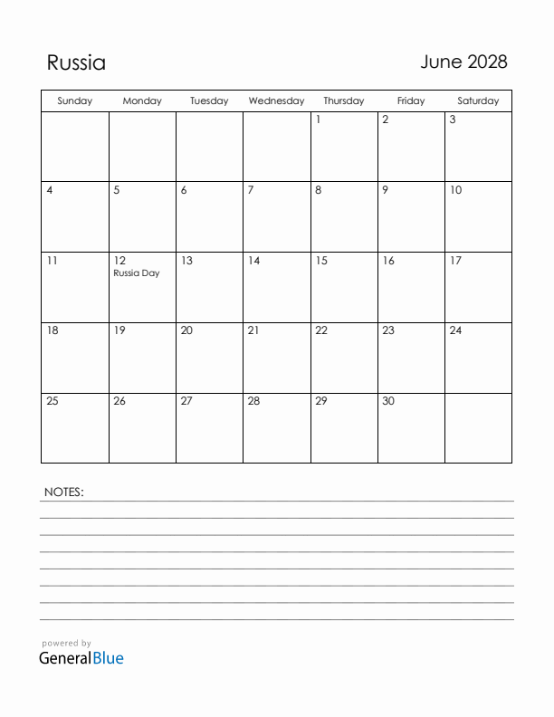 June 2028 Russia Calendar with Holidays (Sunday Start)