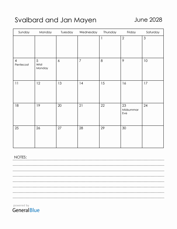 June 2028 Svalbard and Jan Mayen Calendar with Holidays (Sunday Start)