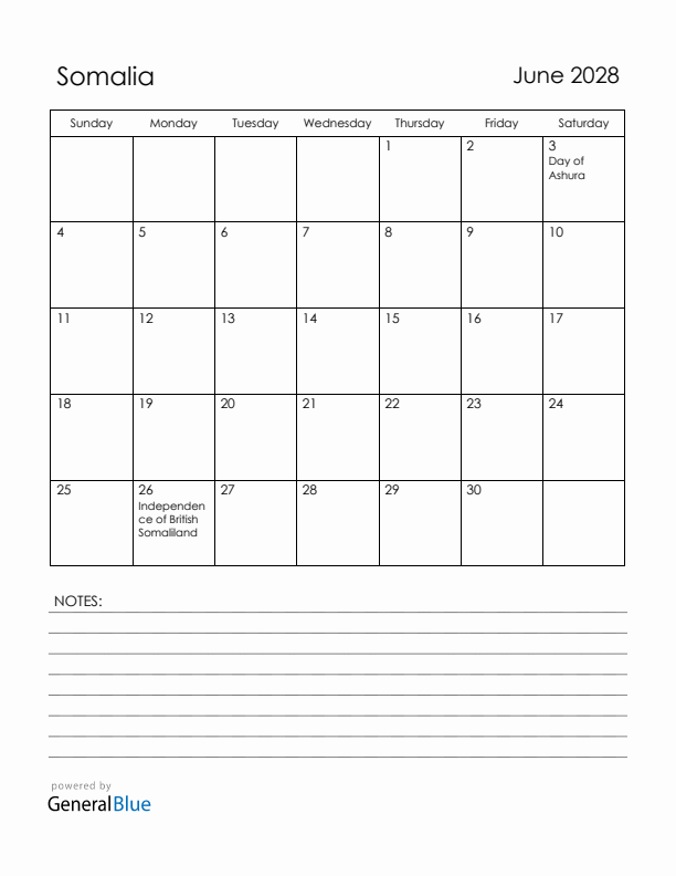 June 2028 Somalia Calendar with Holidays (Sunday Start)