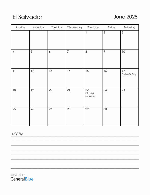 June 2028 El Salvador Calendar with Holidays (Sunday Start)