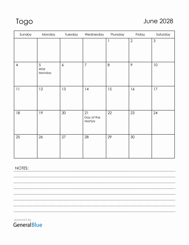 June 2028 Togo Calendar with Holidays (Sunday Start)