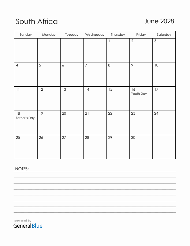 June 2028 South Africa Calendar with Holidays (Sunday Start)