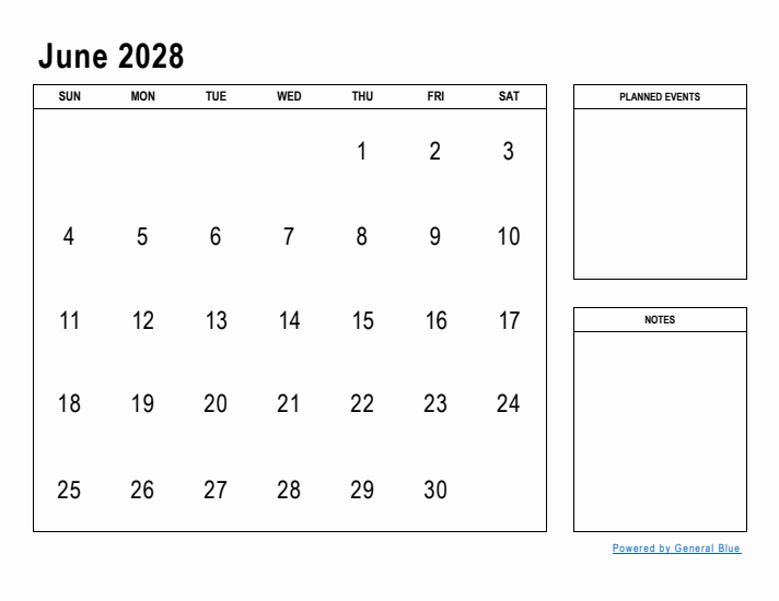 June 2028 Calendar Planner