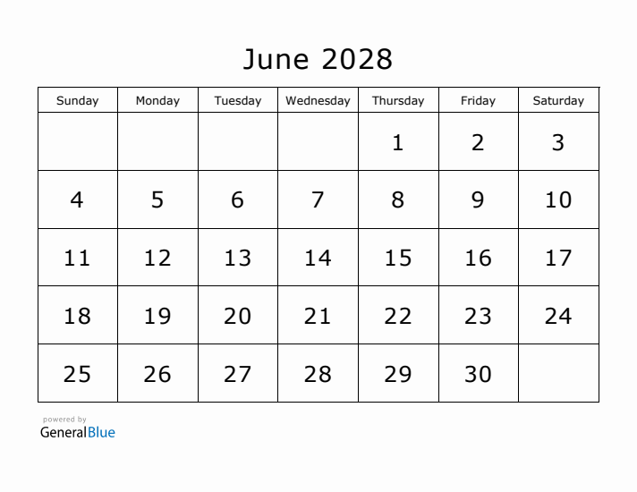 Printable June 2028 Calendar - Sunday Start