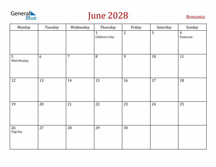 Romania June 2028 Calendar - Monday Start