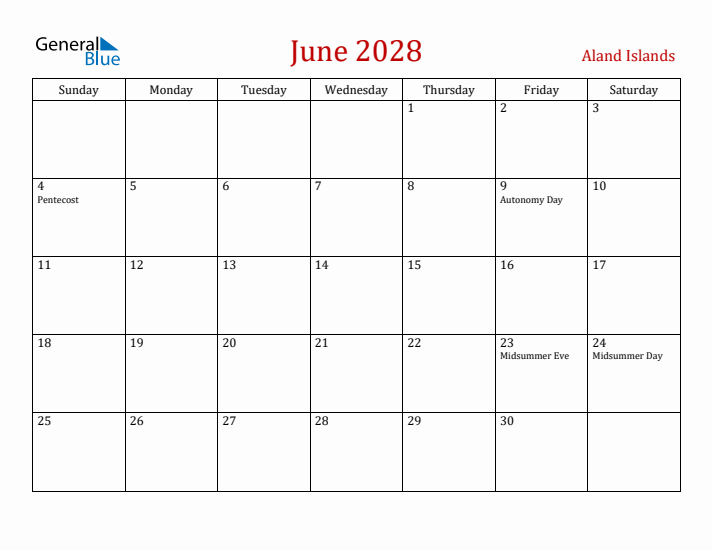 Aland Islands June 2028 Calendar - Sunday Start