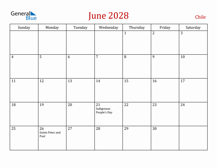 Chile June 2028 Calendar - Sunday Start