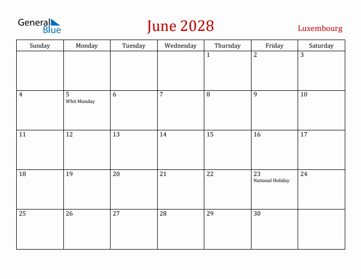 Luxembourg June 2028 Calendar - Sunday Start