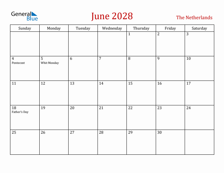 The Netherlands June 2028 Calendar - Sunday Start