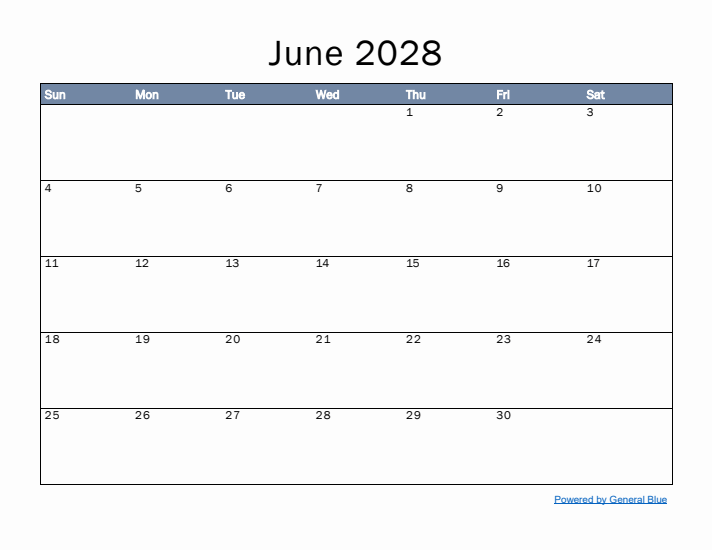 June 2028 Simple Month Calendar Template