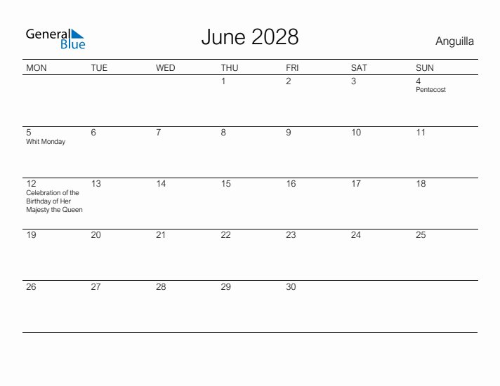 Printable June 2028 Calendar for Anguilla