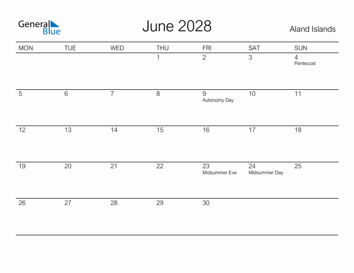 Printable June 2028 Calendar for Aland Islands