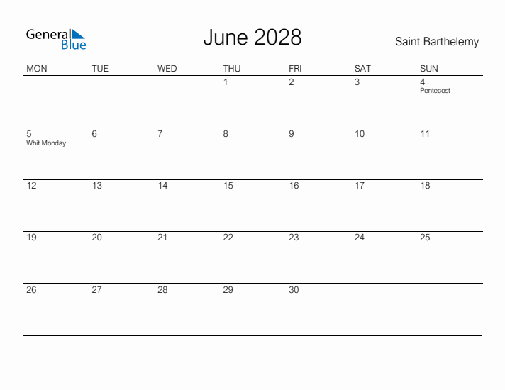 Printable June 2028 Calendar for Saint Barthelemy