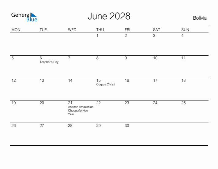 Printable June 2028 Calendar for Bolivia