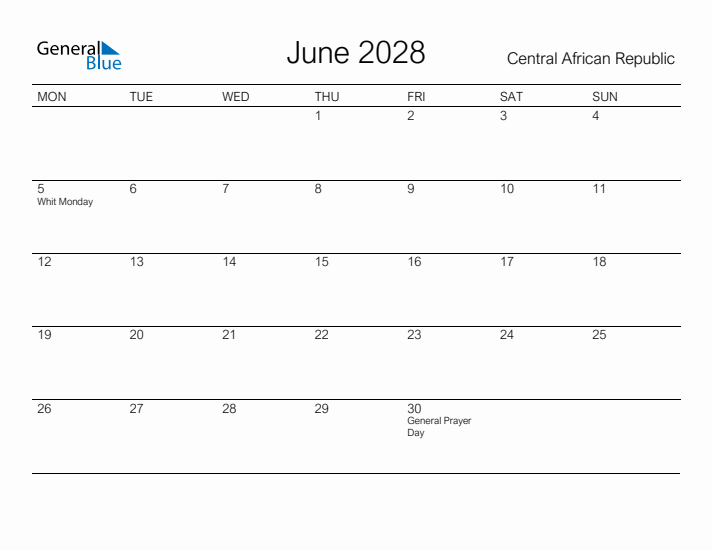 Printable June 2028 Calendar for Central African Republic