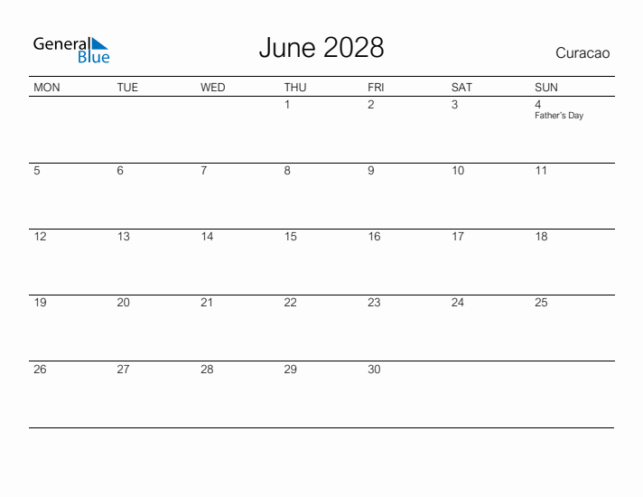 Printable June 2028 Calendar for Curacao