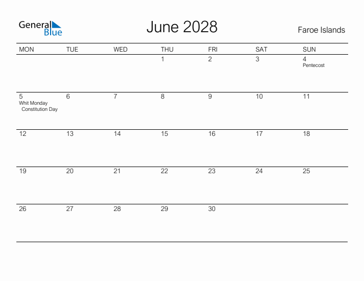 Printable June 2028 Calendar for Faroe Islands