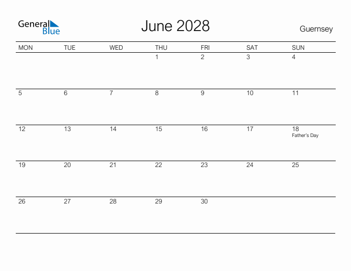 Printable June 2028 Calendar for Guernsey