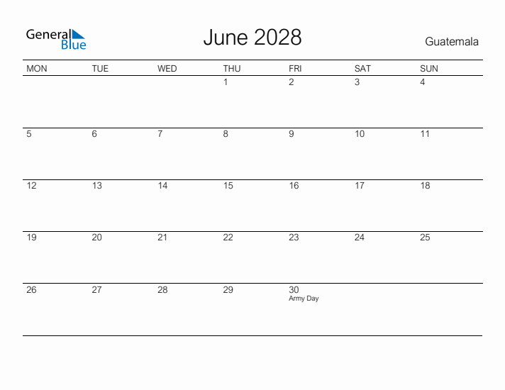 Printable June 2028 Calendar for Guatemala