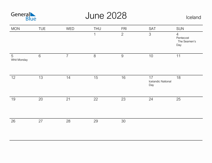 Printable June 2028 Calendar for Iceland