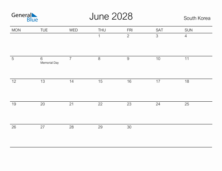 Printable June 2028 Calendar for South Korea