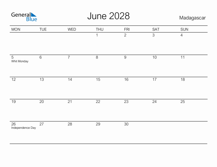 Printable June 2028 Calendar for Madagascar